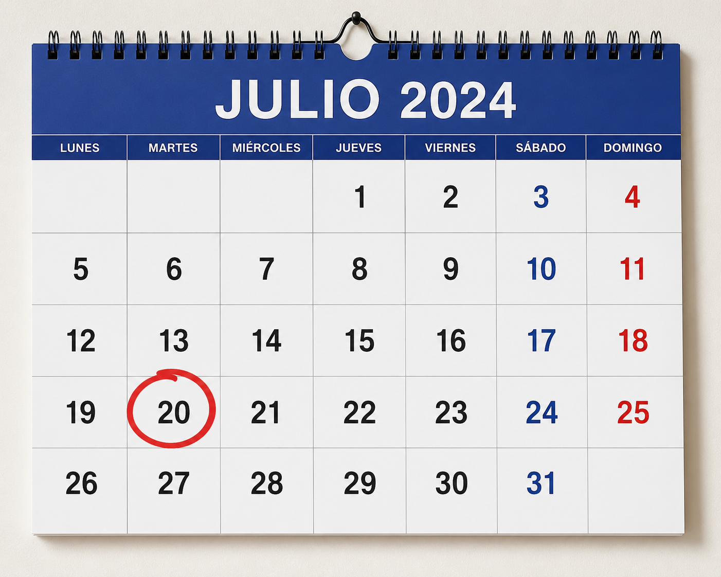 Un calendario con el 20 de julio marcado